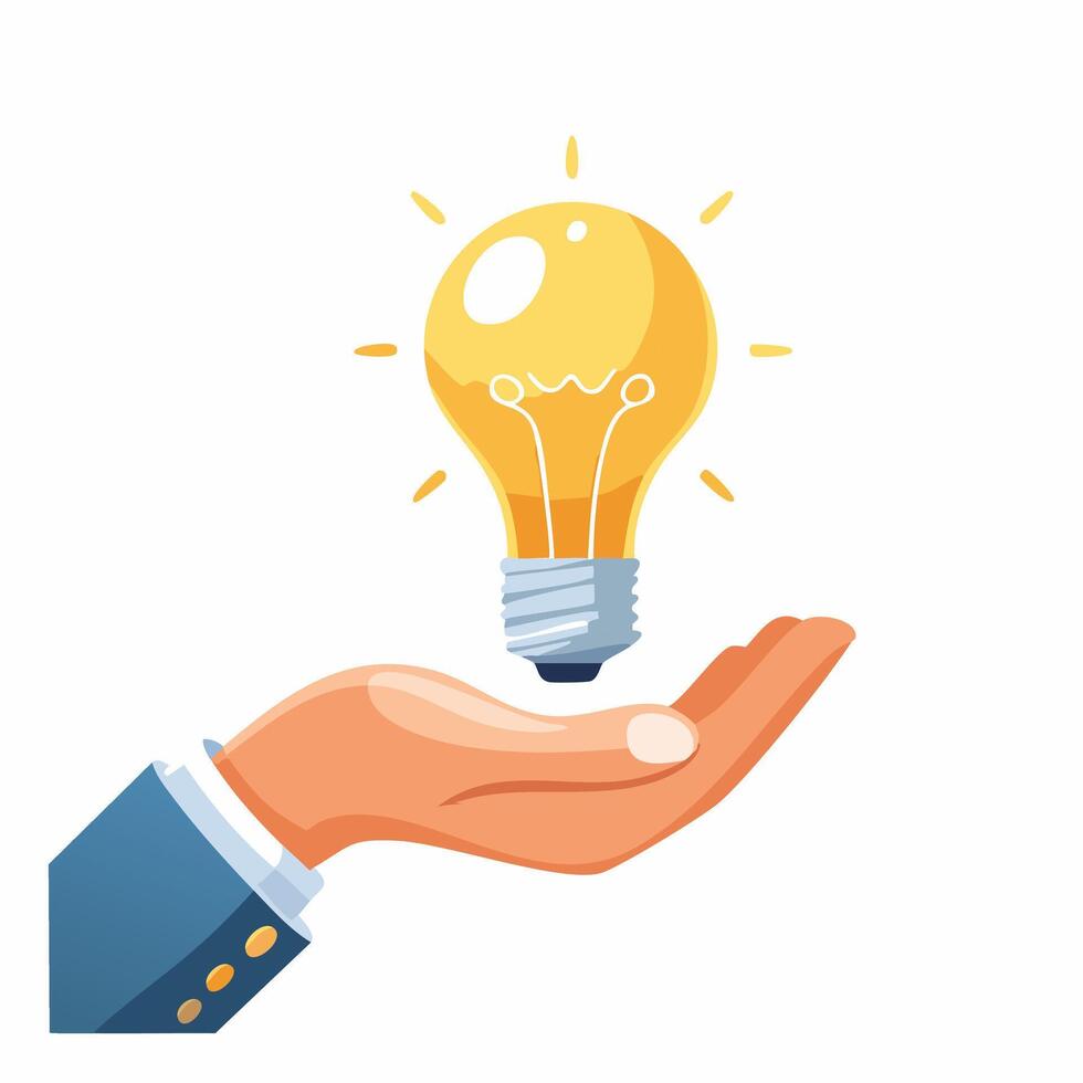 A illustration of a glowing light bulb resting on a human hand, symbolizing innovation, creativity, and bright ideas. Isolated on a white background, perfect for business, energy vector