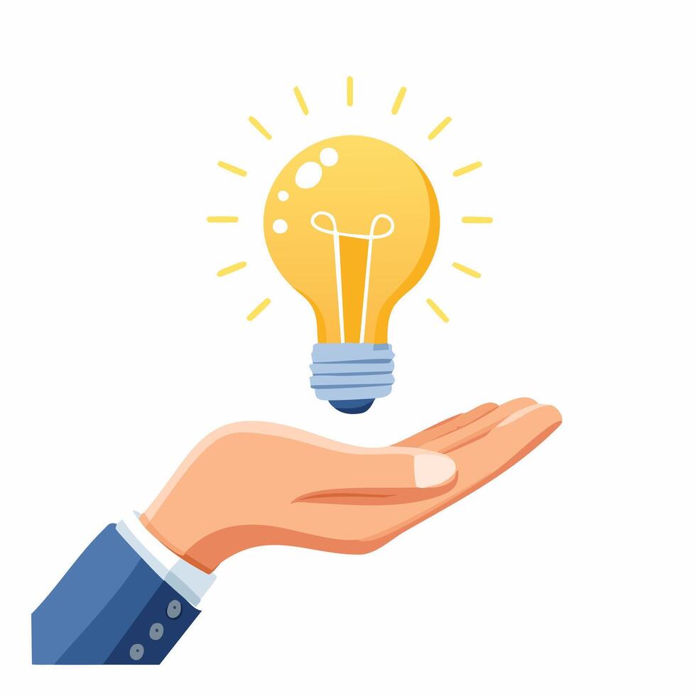 Conceptual illustration of a light bulb floating above an open palm. Ideal for themes of inspiration, sustainability, renewable energy, and green ideas. vector