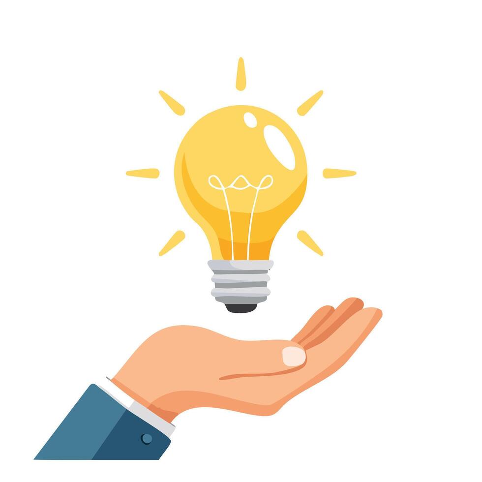 Flat design of a businessman hand holding a lit light bulb. Represents innovation, vision, and business solutions. Clean white background for professional and presentation uses. vector