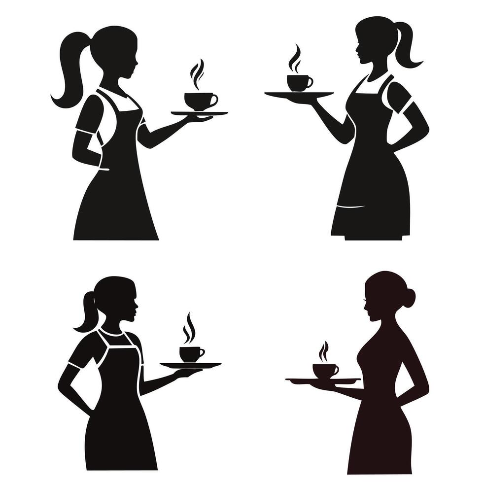Female Waitress Holding Tray Coffee Bundle Set vector