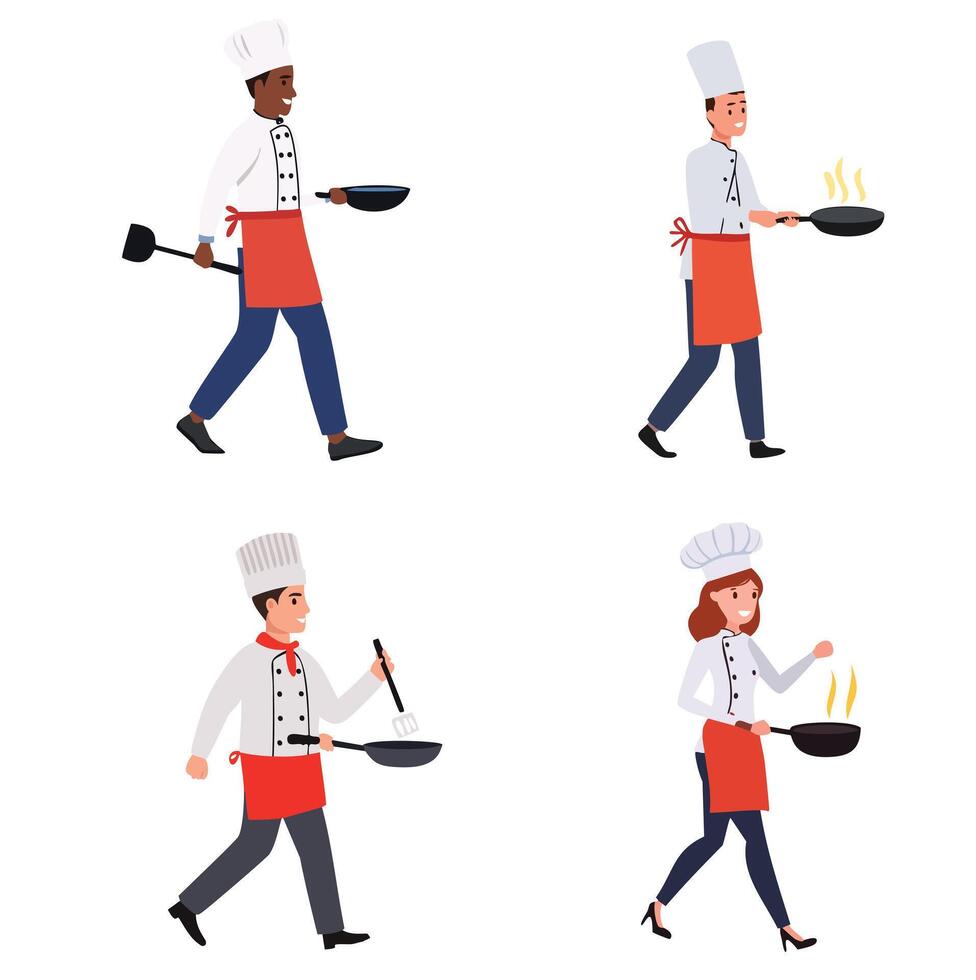 Chef Walking with Sizzling Pan Bundle Set vector