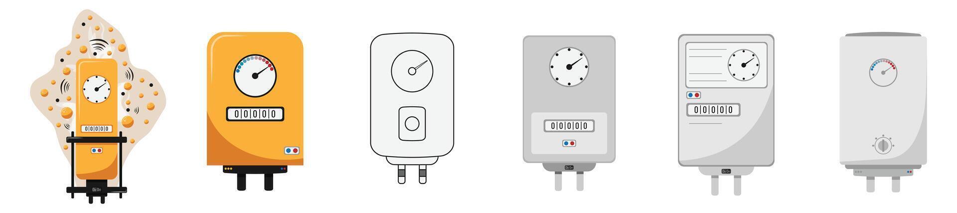 Set of boilers. House Electric water heater Gas boiler. Boiling heating gas fired boiler set vector