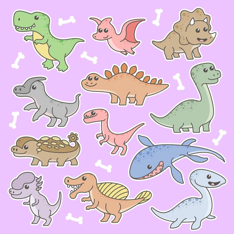Cute dinosaurs set of stickers on a purple background vector