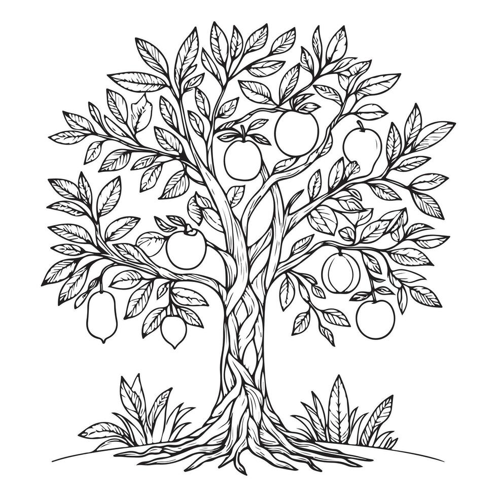 Monochrome Apple Tree Sketch with Lush Harvest vector