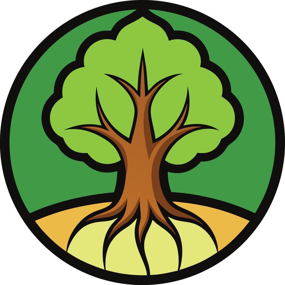 Stylized tree stands tall, its leafy crown and robust trunk encircled by a symbol of growth and life, celebrating the beauty of nature. vector