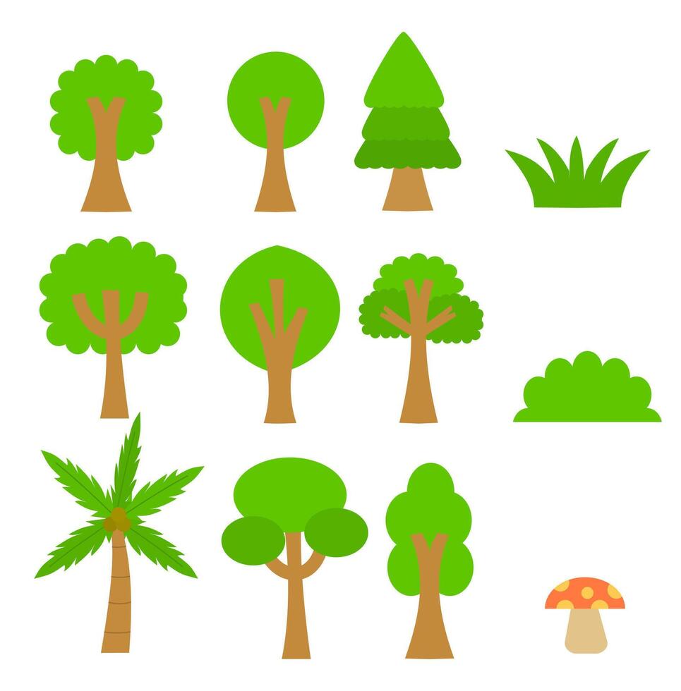 Set of trees, grass bush and mushhroom.Natural forest plant.Garden or forest. Pine oak and palm trees. vector