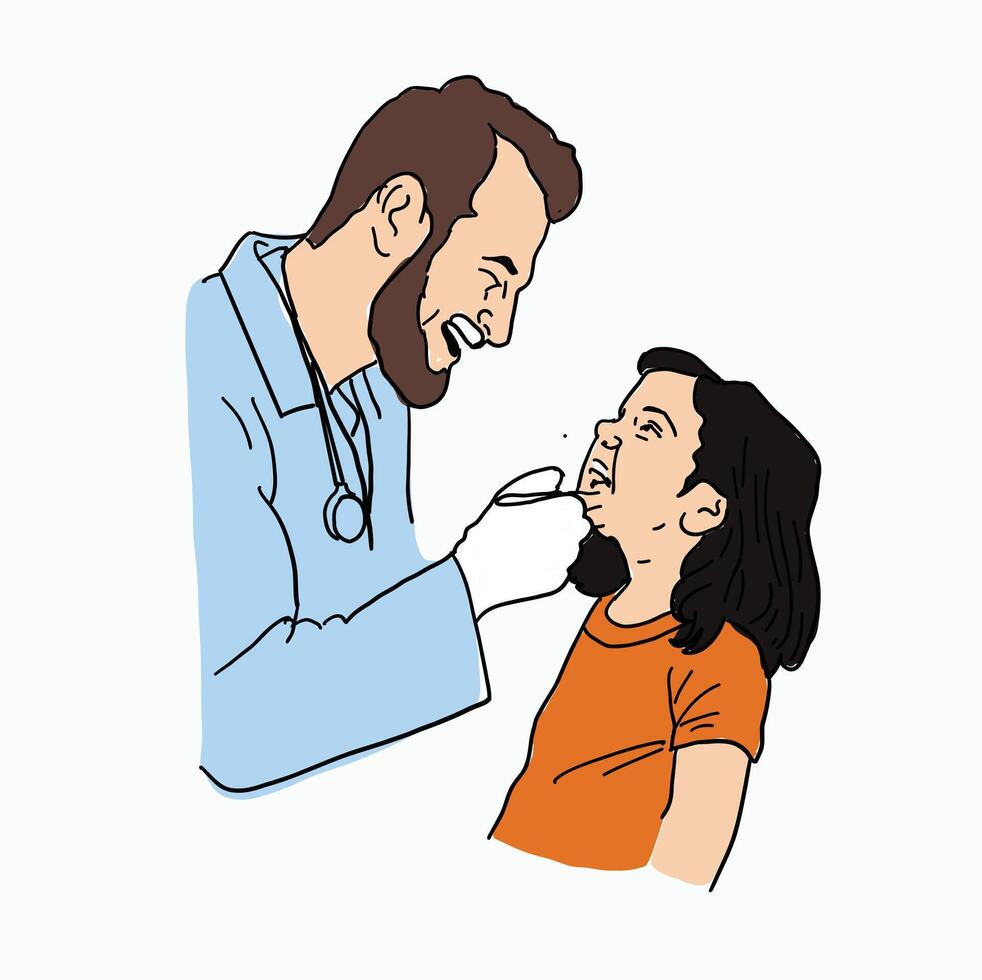 Male dentist checking girls teeth. Cartoon Style Illustration vector