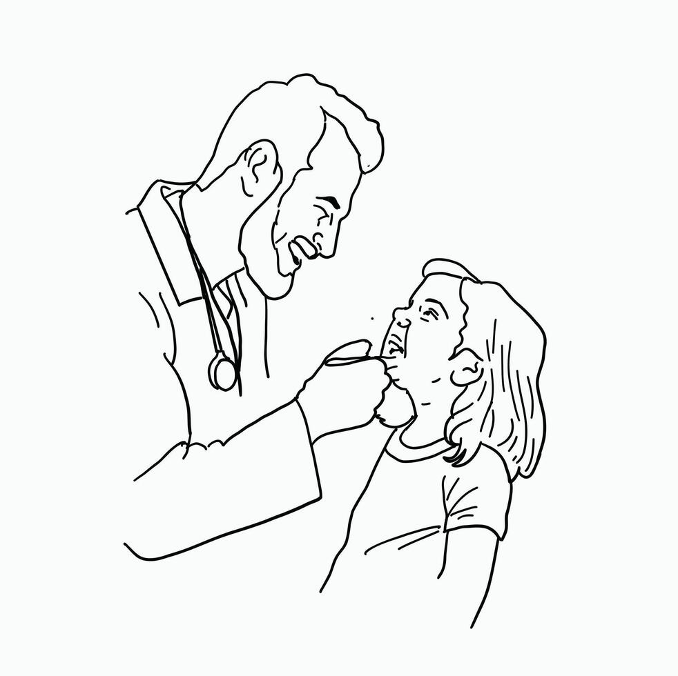 black and white line. Male dentist checking girls teeth. Cartoon Style Illustration vector