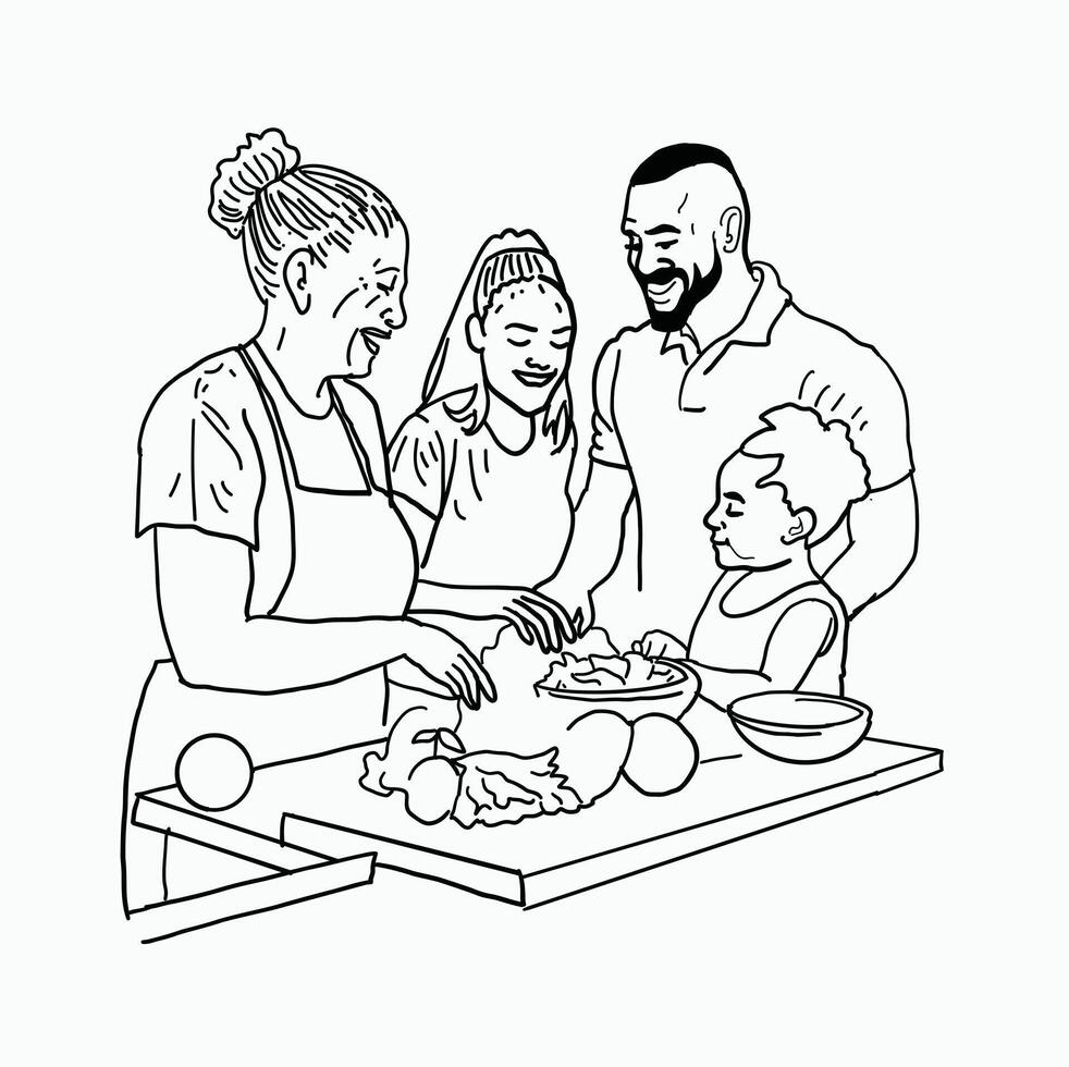 black and white line. Family cooking together. Husband and wife and mother-in-law and little daughter. Cartoon Style Illustration vector