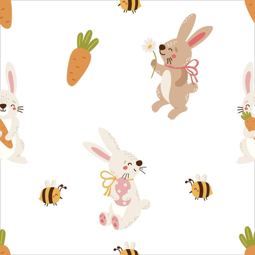 Easter seamless pattern, egg, bunny, cake, chicken, plants, eggs, bunny set vector