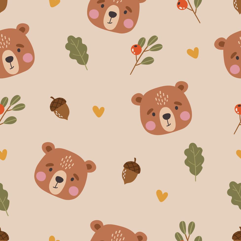 Wild animals pattern, cute wild animals, kids pattern, forest cartoon seamless pattern, brown vector