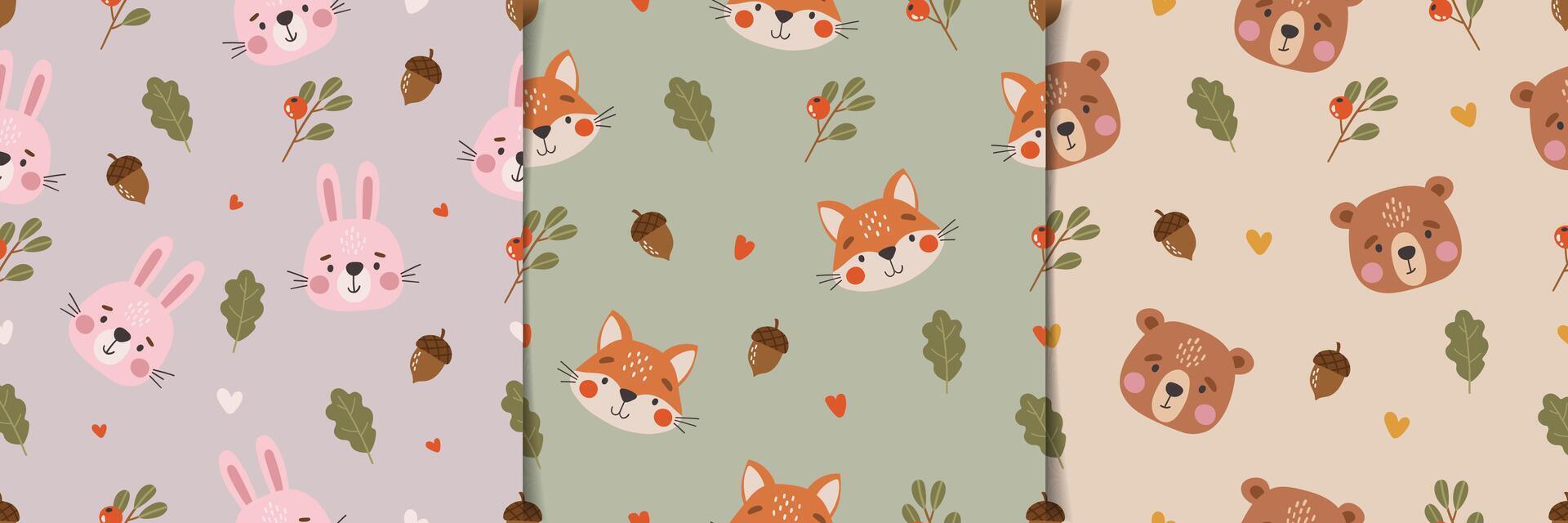 Wild animals pattern, cute wild animals, kids pattern, forest cartoon seamless pattern set vector