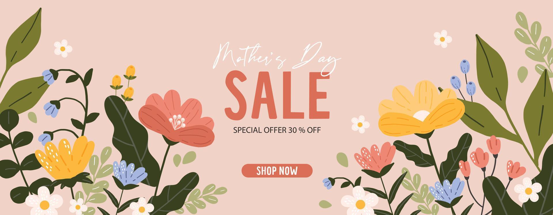 Mother's day sale poster or banner with beautiful flowers, abstract floral banner, sale banner vector