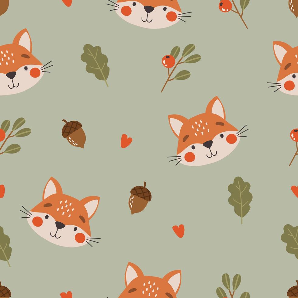 Wild animals pattern, cute wild animals, kids pattern, forest cartoon seamless pattern, green vector
