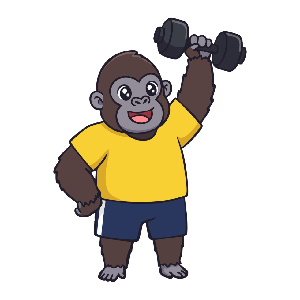 cute icon character gorila lifting dumbbells png