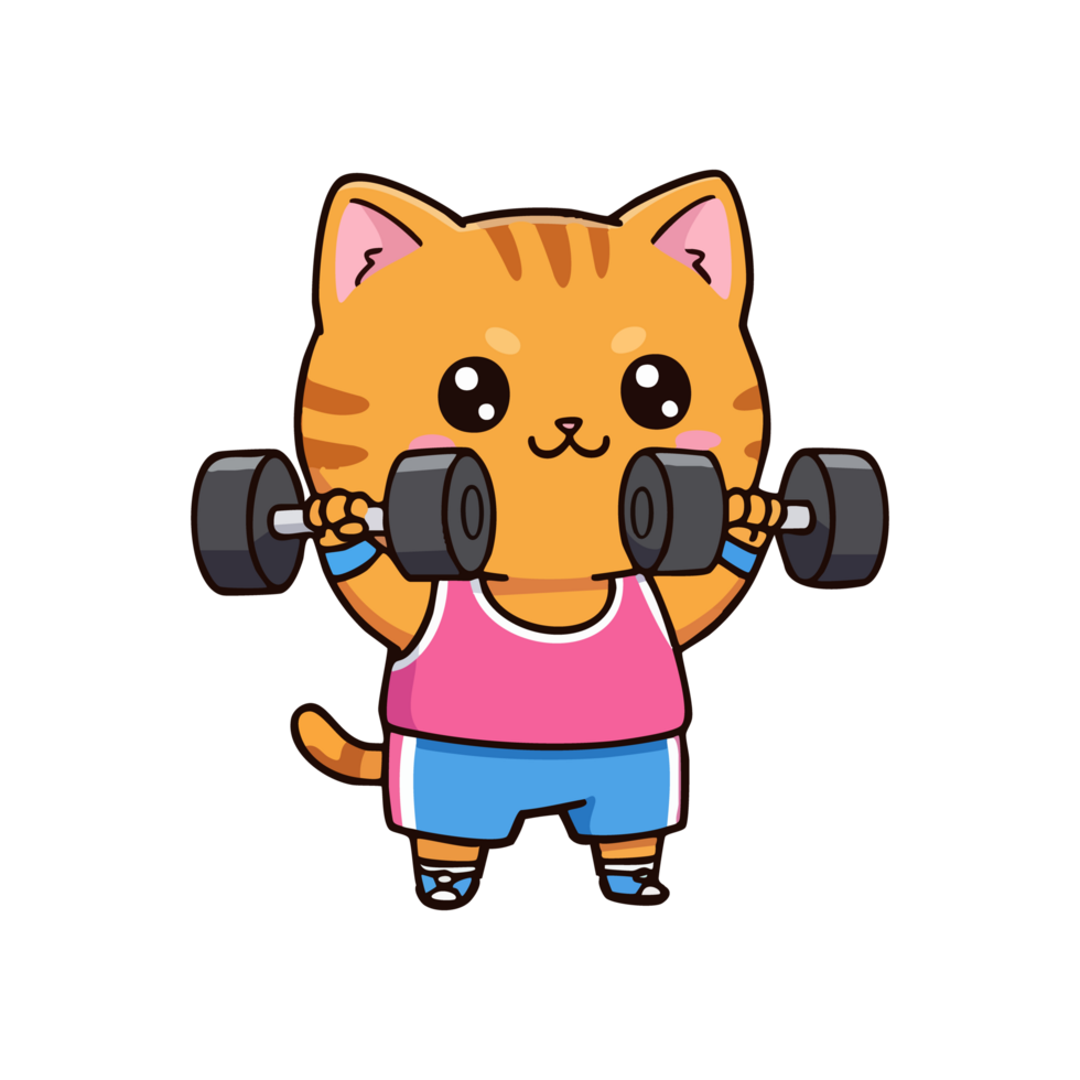 cute character cat lifting dumbbells. png