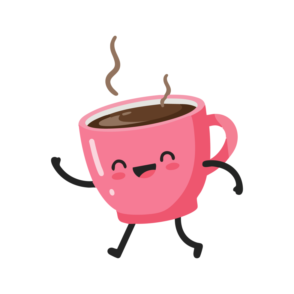 cute icon character pink cup of coffee with legs and arms. png