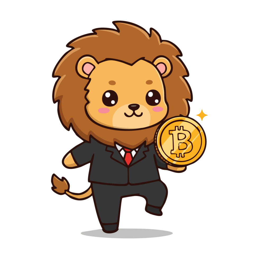 cute icon character Cute cartoon lion wearing a suit and holding bitcoin. png
