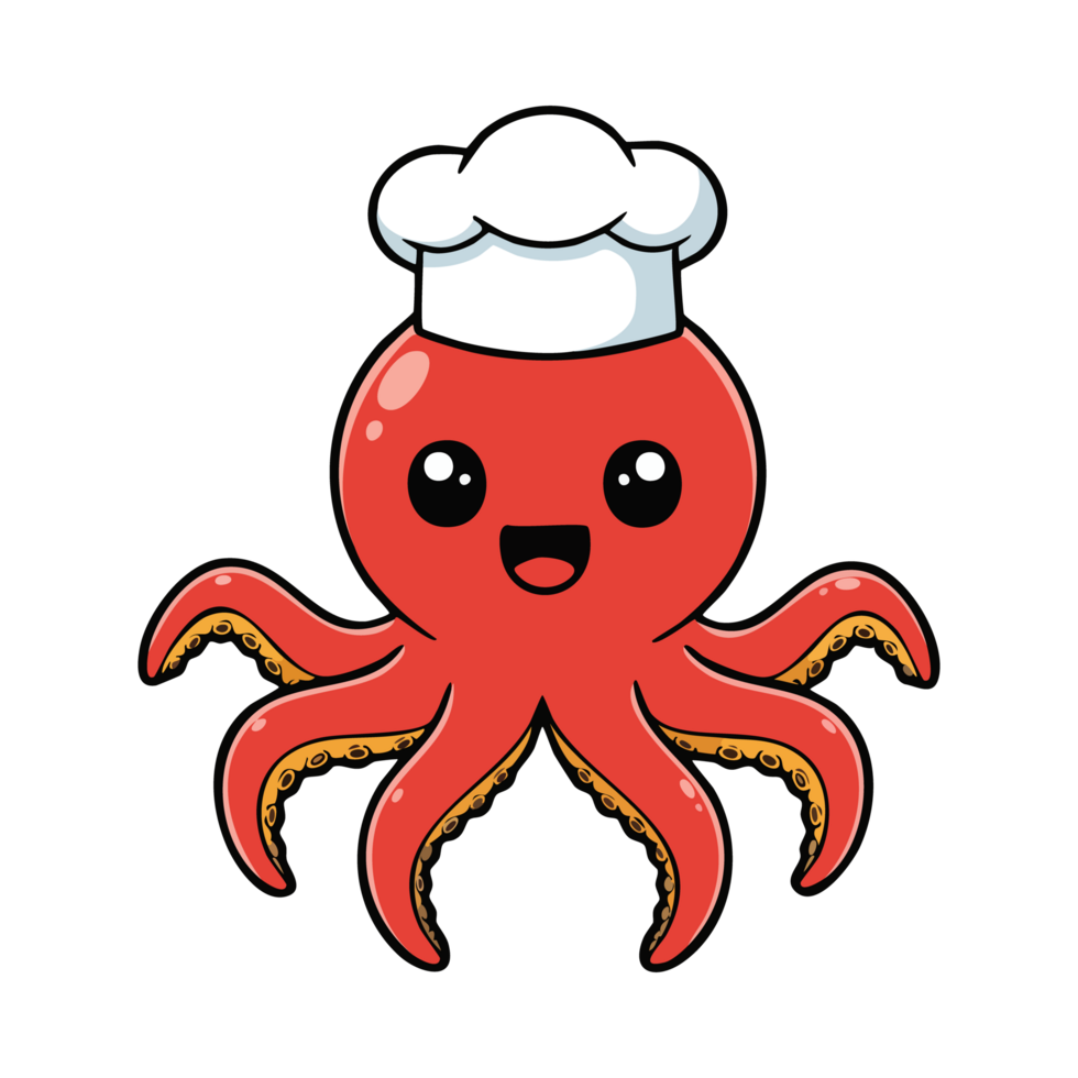 cute icon character Red octopus wearing a chefs hat. png