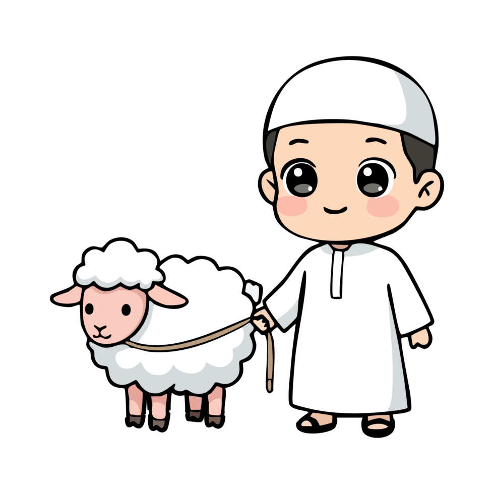 Cartoon Muslim boy holding a sheep rope celebrating Eid al Adha png