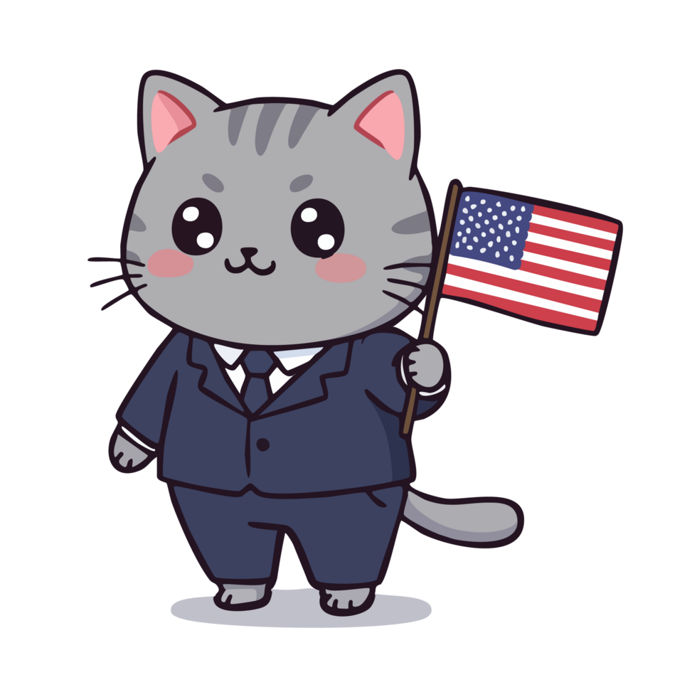 cute icon character Cat wearing a suit holding an american flag. png