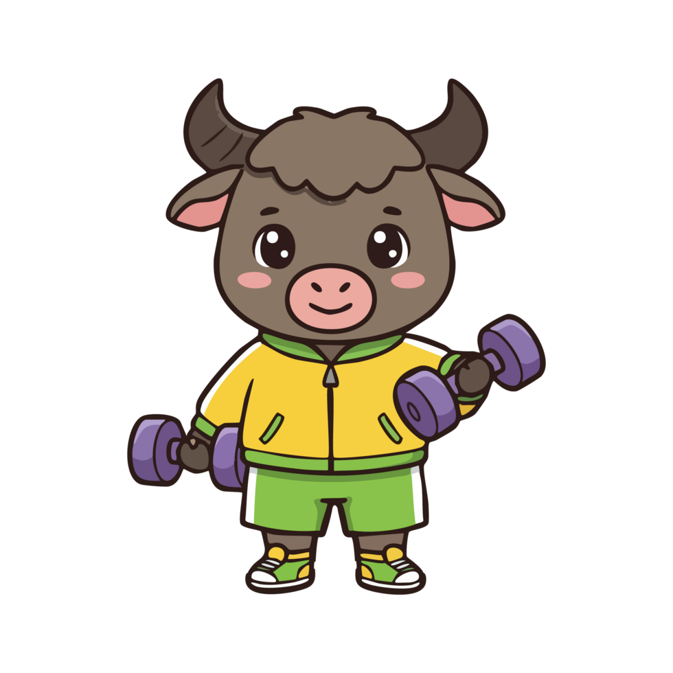 cute icon character buffalo lifting dumbbells in a fitness concept png
