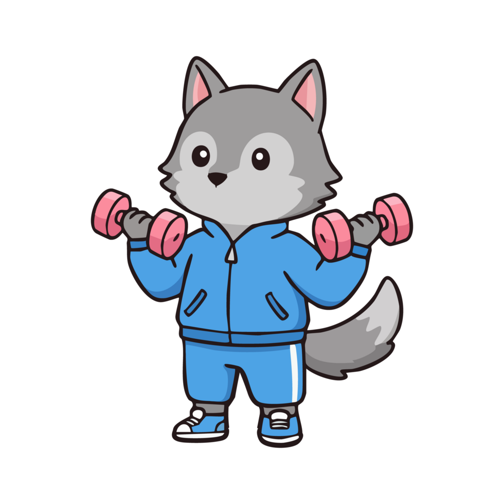 cute icon character wolf lifting dumbbells png