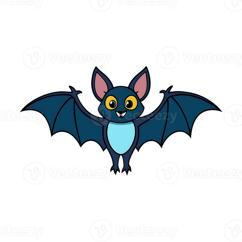 Cartoon bat with wide wings and cheerful expression flying in an animated style png