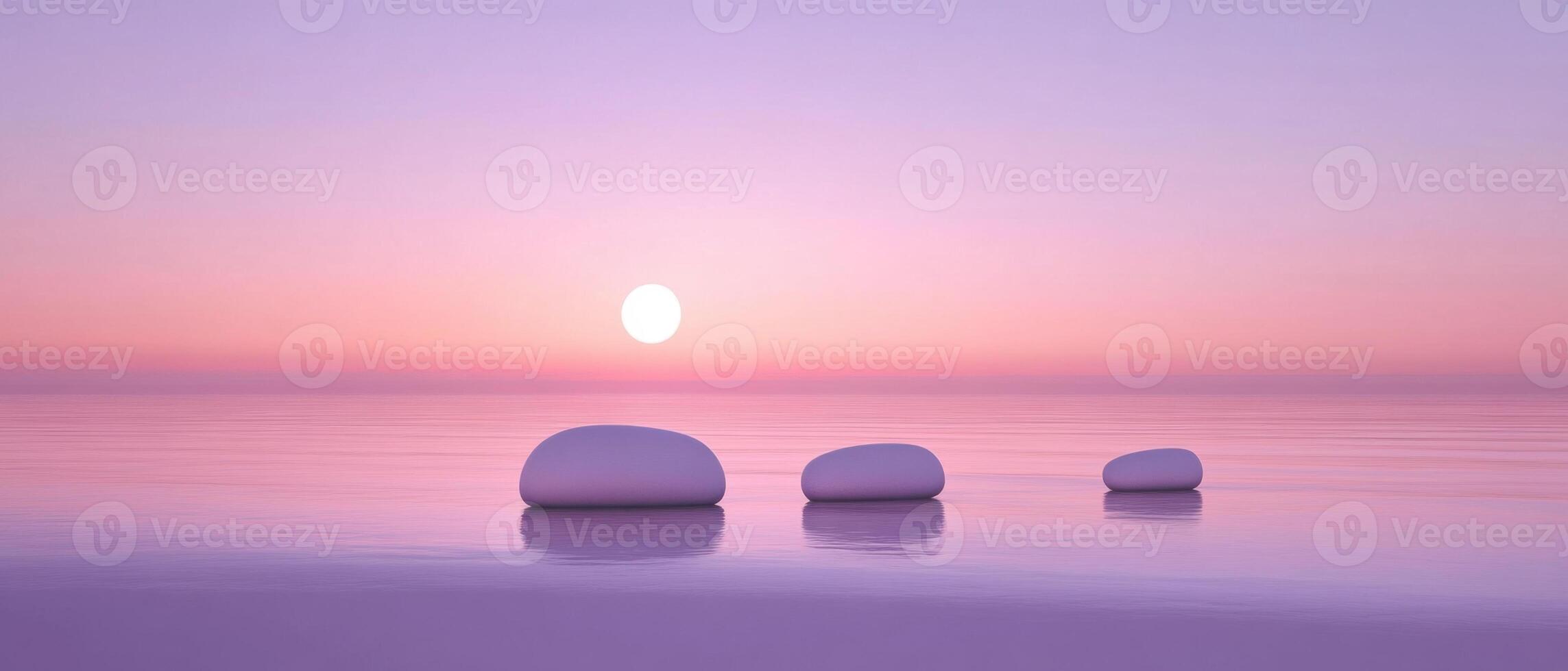 Serene sunrise over calm ocean with smooth stones, creating a peaceful and meditative seascape in pastel colors Concept of tranquility, zen, and mindfulness photo