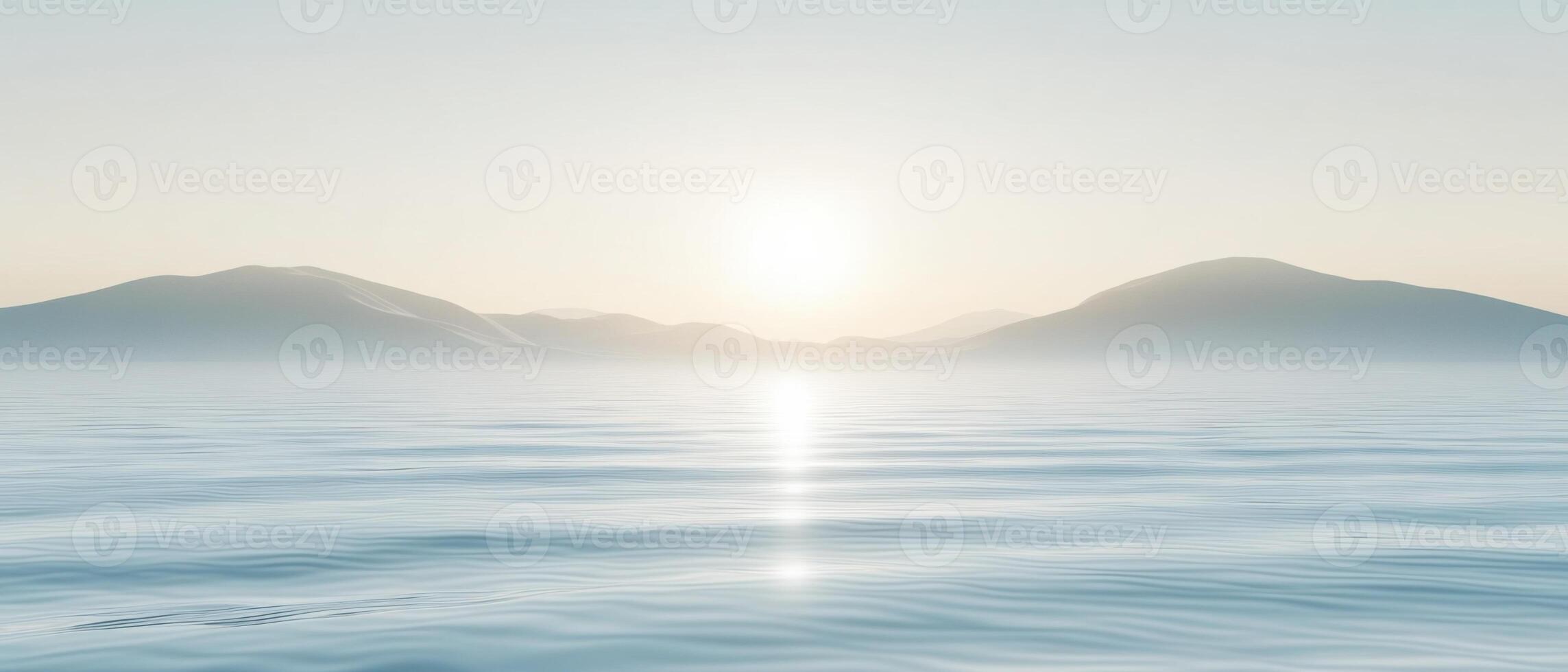 Serene seascape with mountains at sunrise, reflecting sunlight on calm water Concept of tranquility, nature, and peaceful morning photo