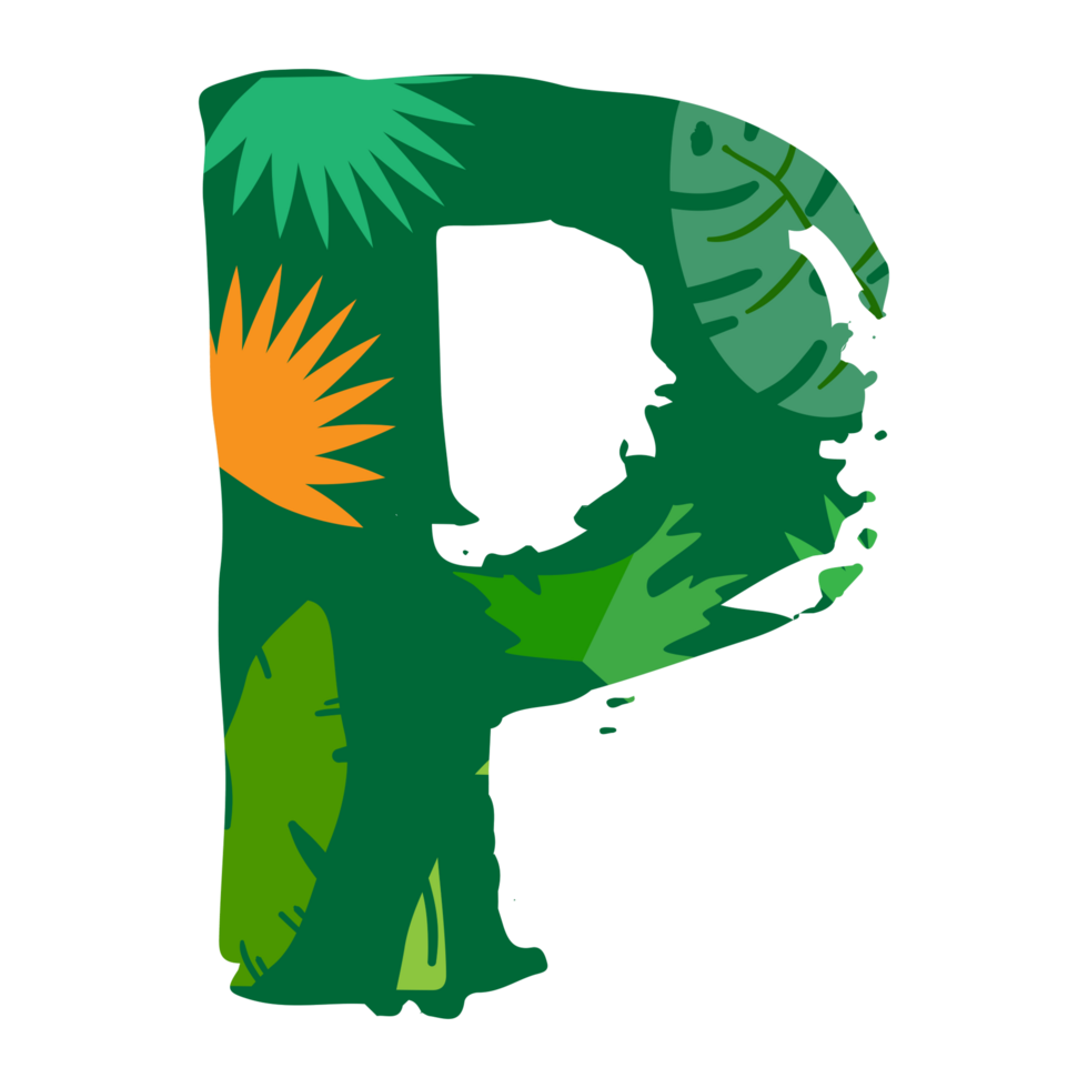 a green letter p with tropical leaves and flowers png