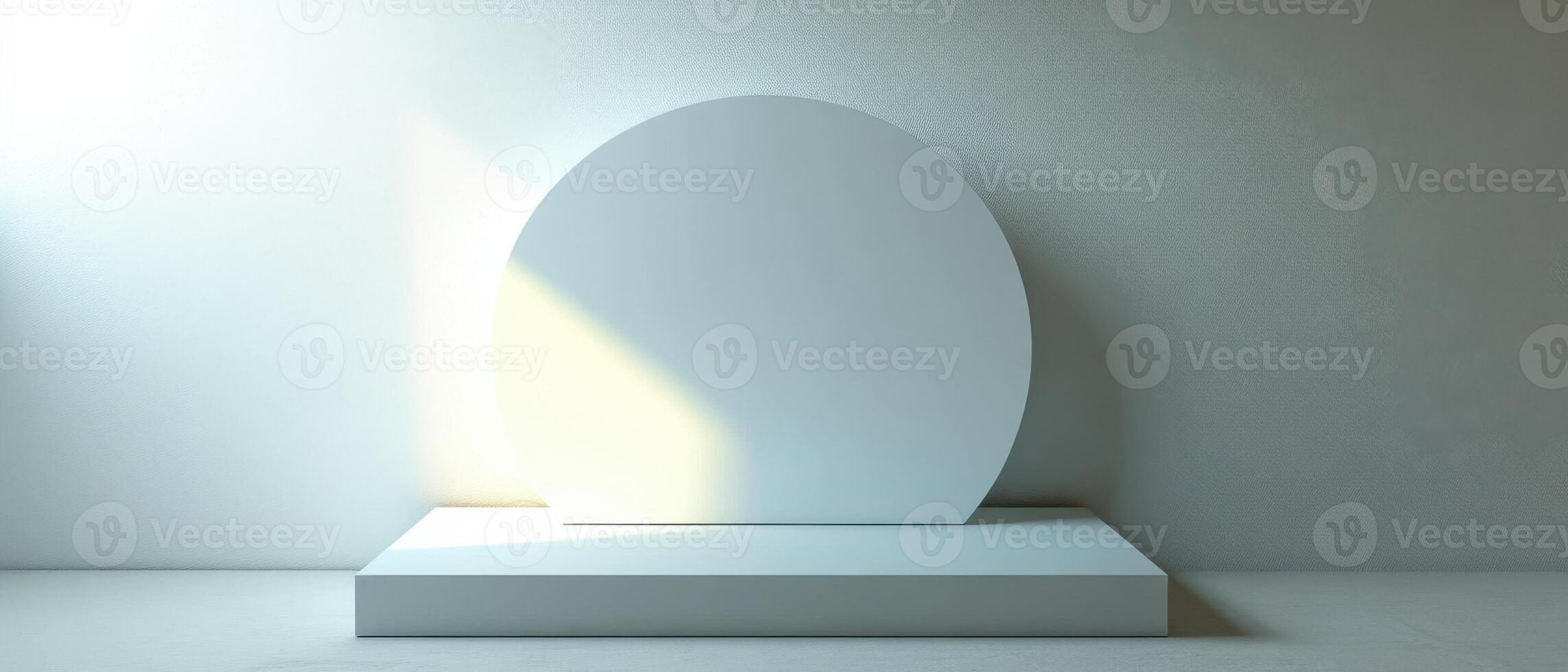 Minimalist geometric podium with circle backdrop and soft light in a studio setting Concept of product showcase, presentation stage, and modern design photo