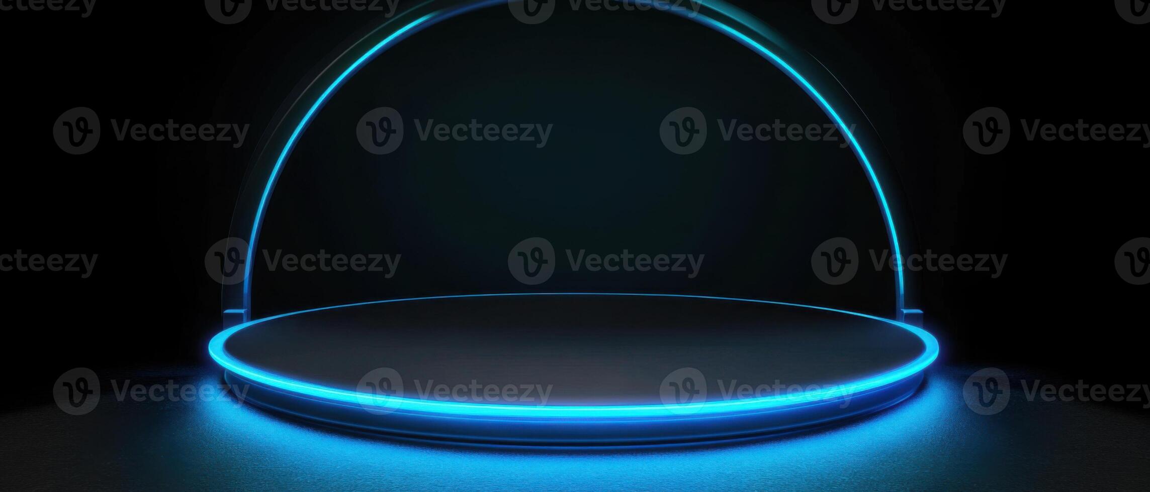 Futuristic neon blue podium stage with glowing arch on dark background Modern showcase for product presentation, technology, and digital display photo