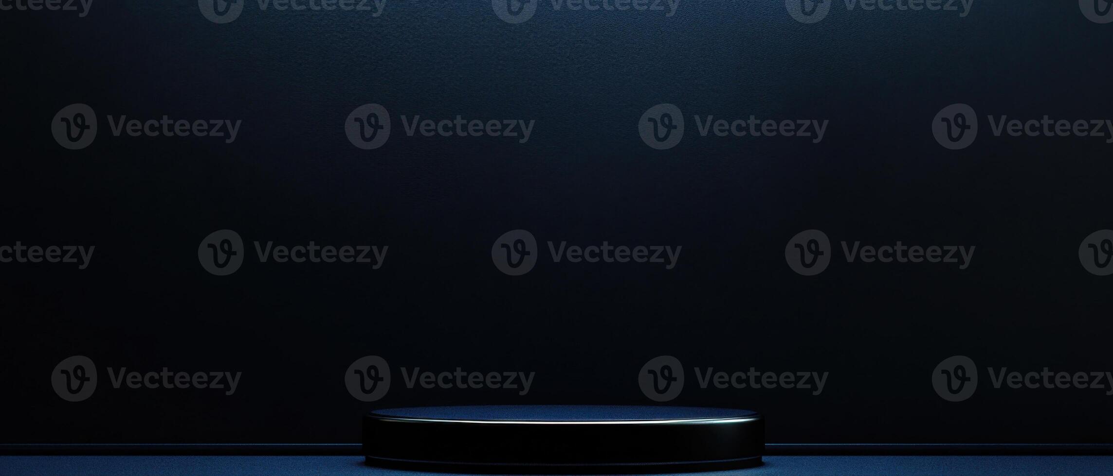 Elegant dark blue product display podium with metallic trim against a textured backdrop for luxury branding and presentation photo