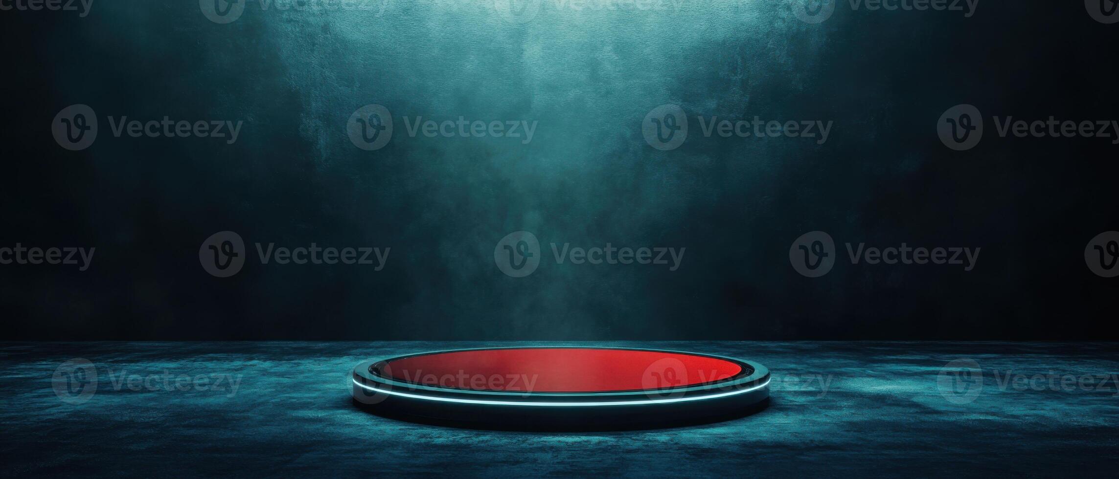 Futuristic red podium with neon light in dark blue grunge room Concept of product showcase, stage, and modern technology photo