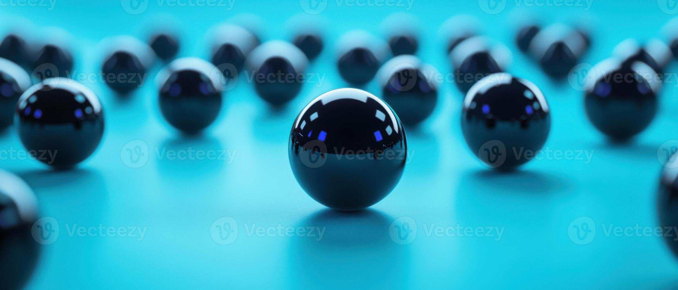 Abstract arrangement of dark glossy spheres on a vibrant blue surface, creating a modern and futuristic background with depth and reflection Concept of technology, science, and innovation photo