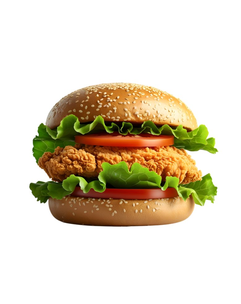 Juicy Crispy Chicken Burger with Salad Between Sesame Seed Buns png