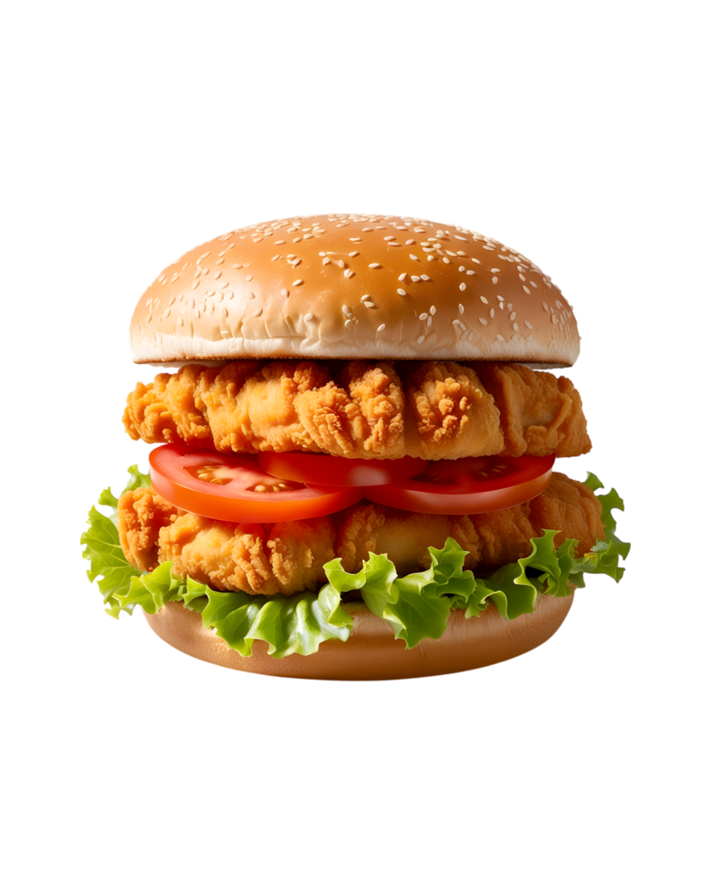 Close-Up of a Crispy Chicken Fillet Burger with Green Lettuce and Red Tomato png