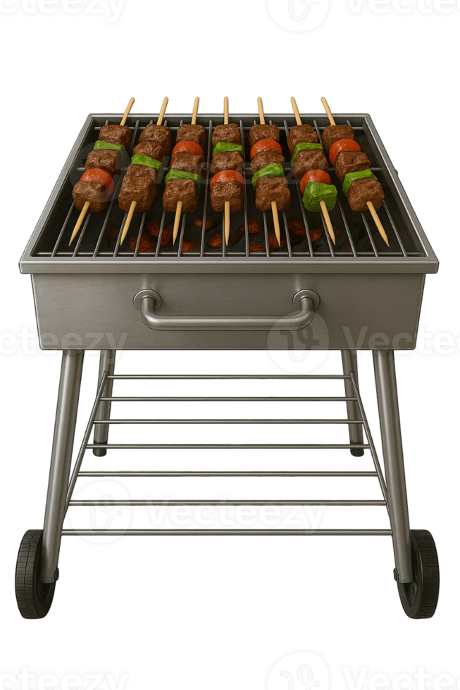 Meat skewers on barbecue grill isolated on transparent background, png