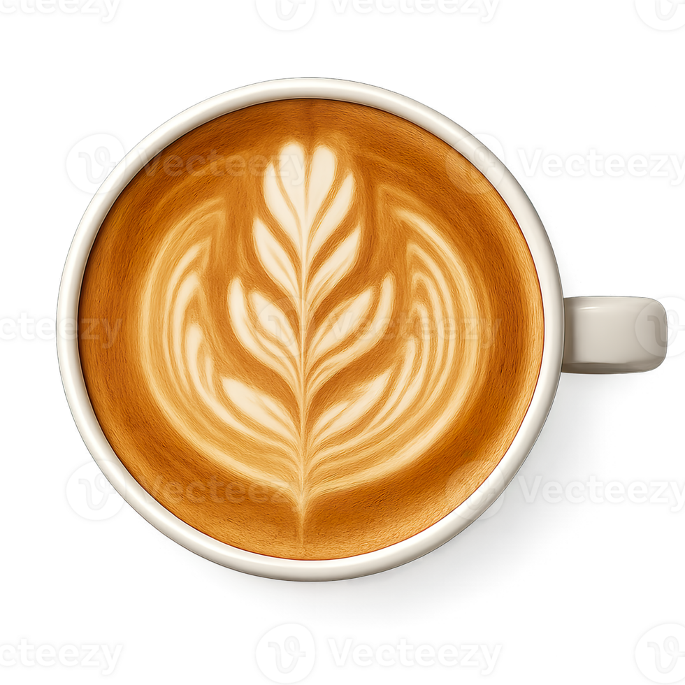 Cup of latte with leaf pattern latte art isolated on transparent background, png