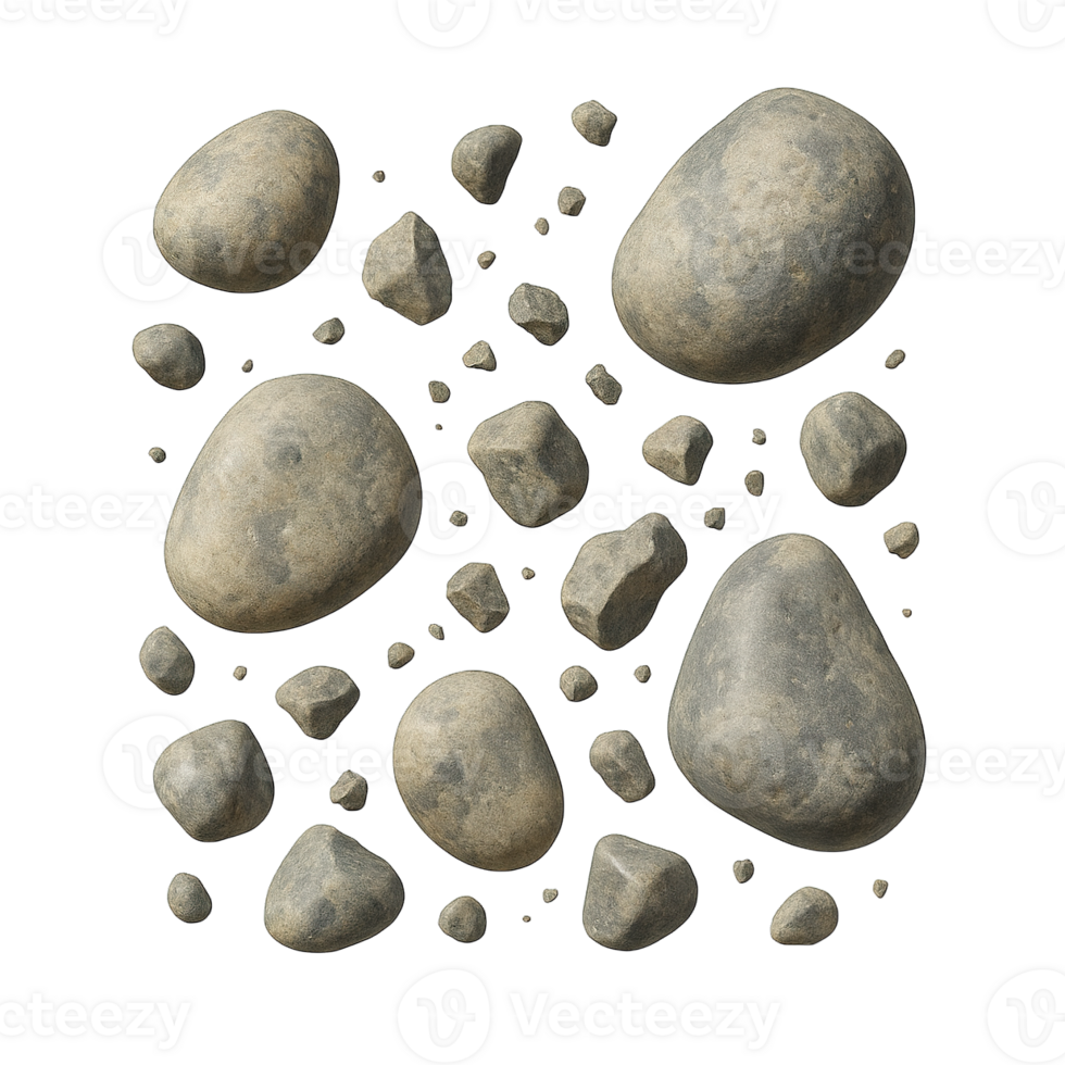 Scattered Natural Rocks and Pebbles Isolated on Transparent Background, png