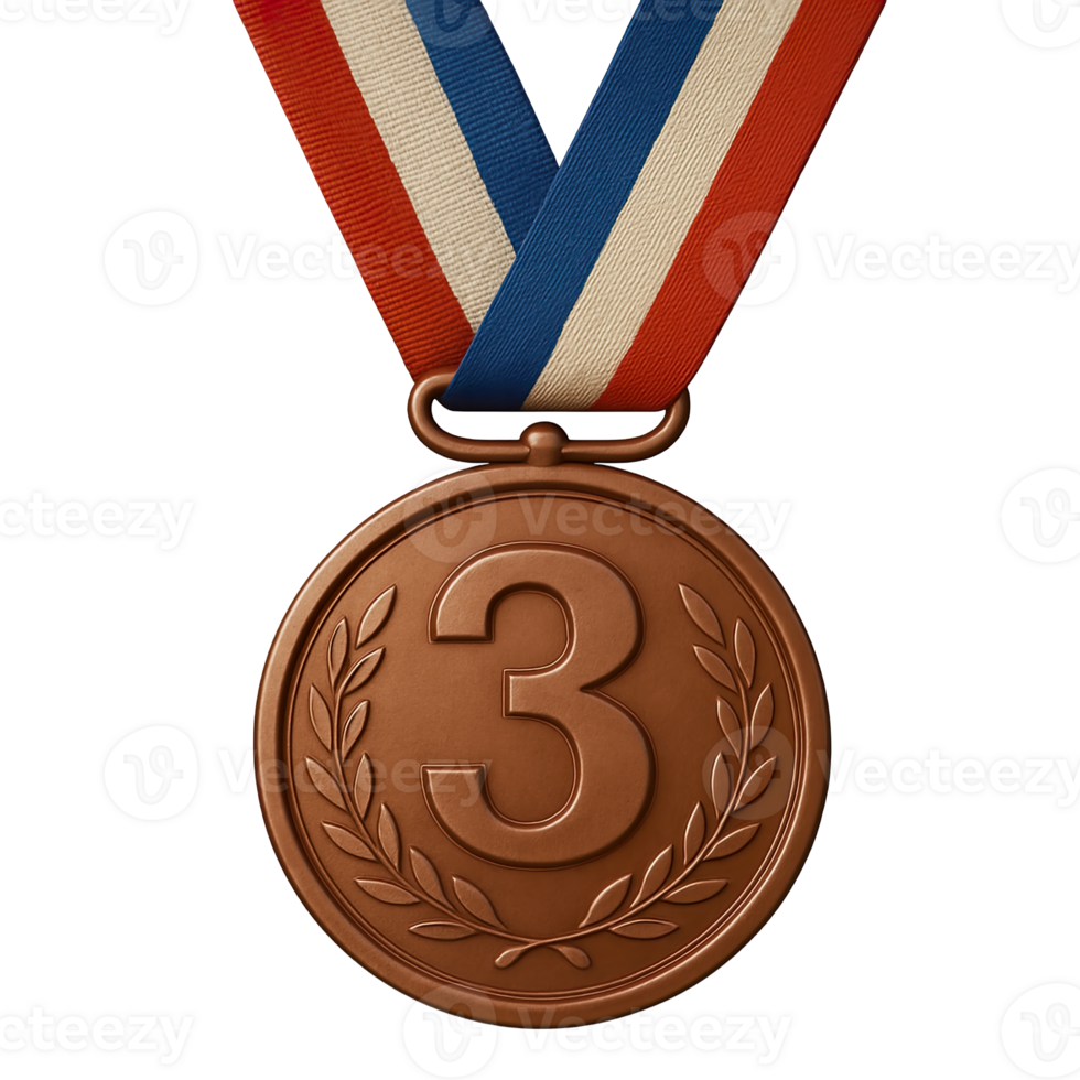 Bronze Medal with Number Three and Laurel Wreath Isolated on Transparent Background, png