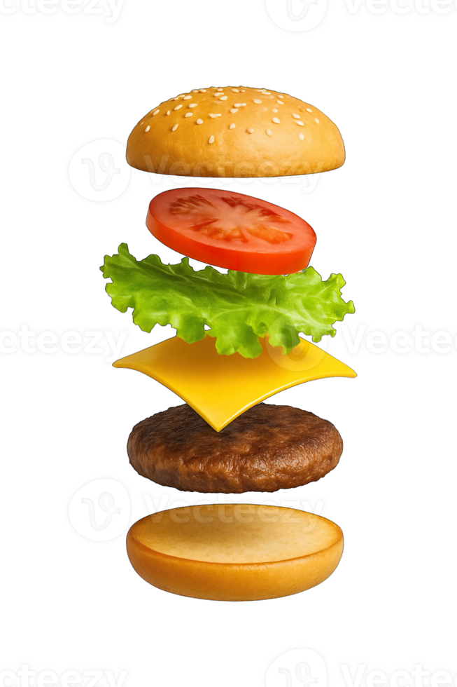 Floating cheeseburger ingredients stack isolated on transparent background, png