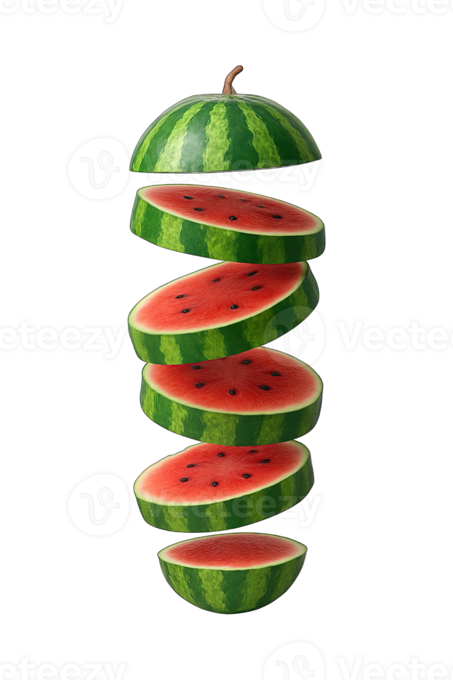 Sliced Watermelon Floating in Spiral Layers Isolated on Transparent Background, png