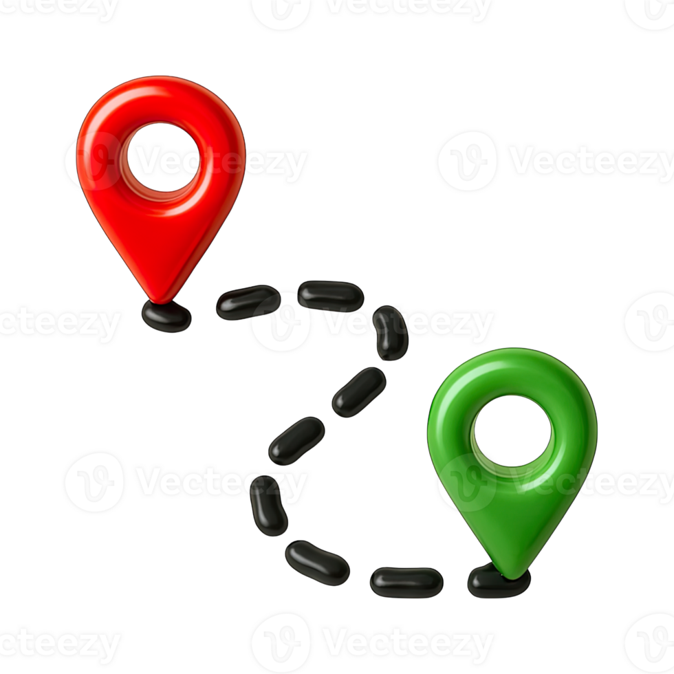 Red and green map location pins with dotted path isolated on transparent background, png