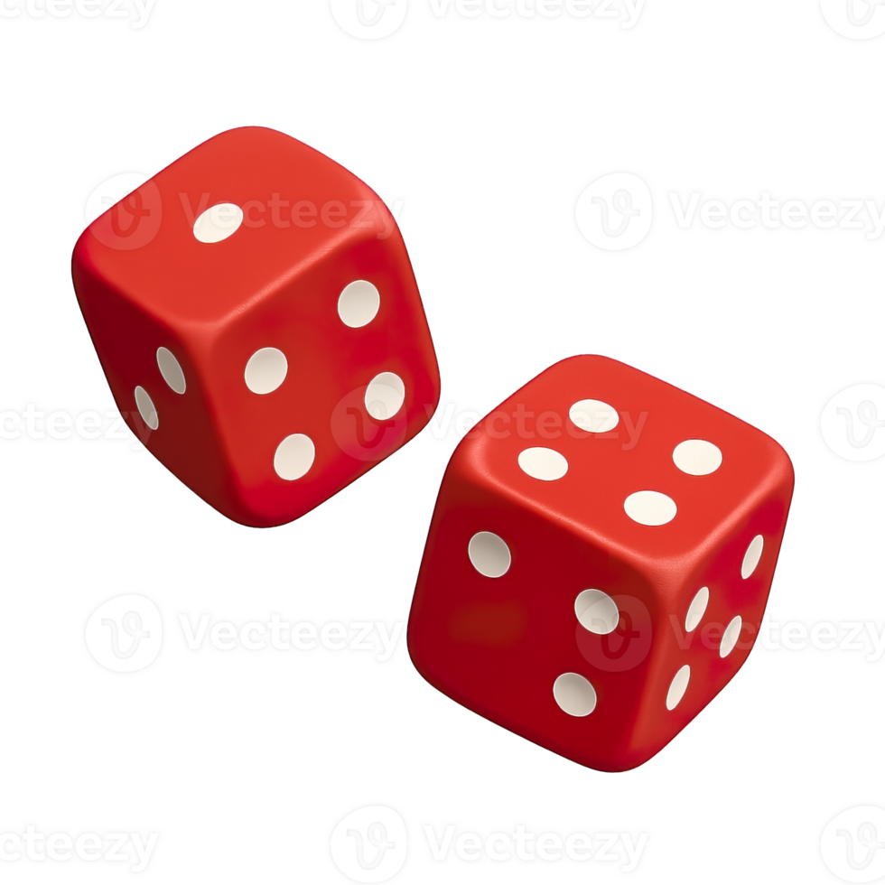 Two red dice isolated on transparent background, png