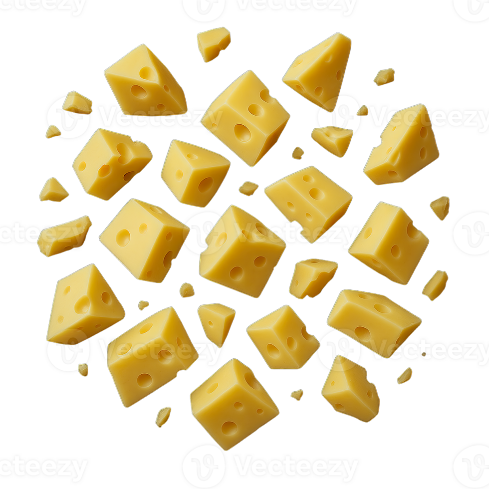 Scattered Cheese Cubes with Holes Isolated on Transparent Background, png