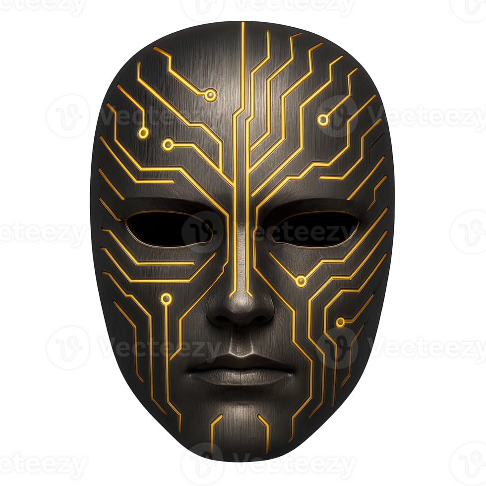 Futuristic Cyber Mask with Yellow Glowing Circuit Lines Isolated on Transparent Background, png