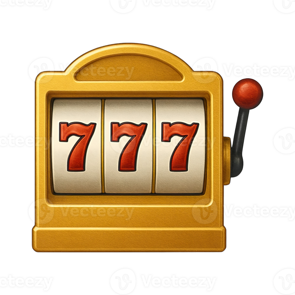 Slot machine with triple seven jackpot isolated on transparent background, png