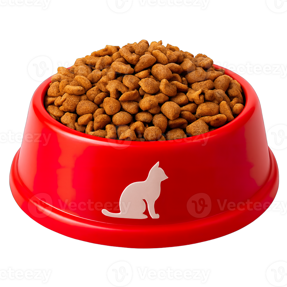 Red cat food bowl filled with dry kibble isolated on transparent background, png